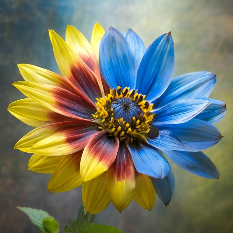 Girasol de flores gemelas, mitad azul, mitad amarillo