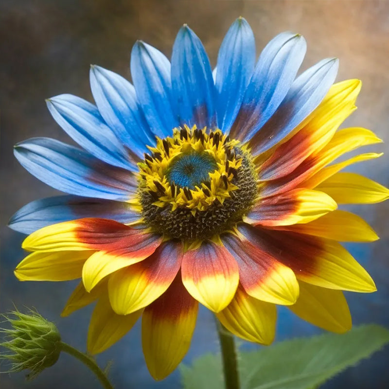 Girasol de flores gemelas, mitad azul, mitad amarillo