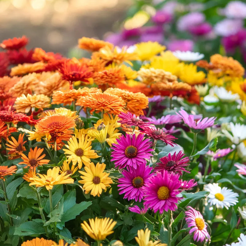 Grupo de semillas de flores de piretro de colores variados: cuatro estaciones